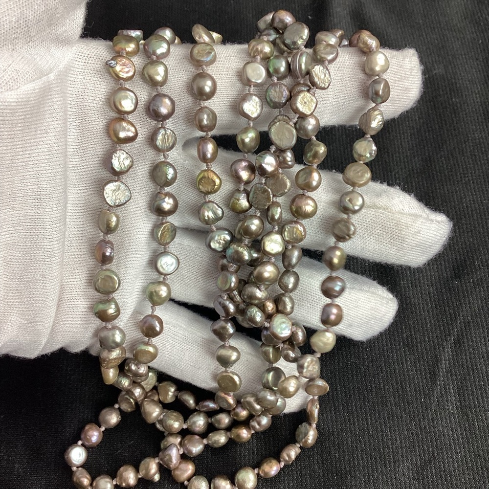 Vtg Cultured Freshwater Pearl Necklace Peacock Pastel Silver Flapper Long